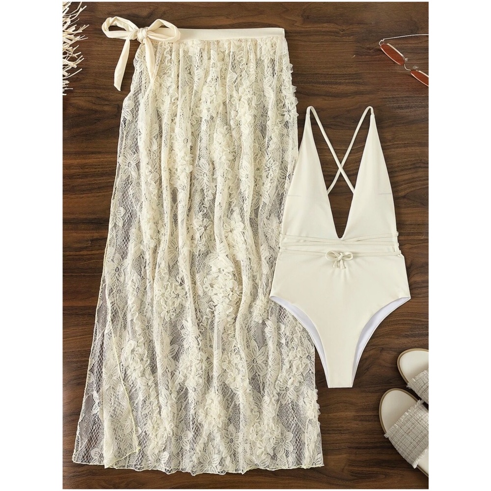 Boho Monokini One Piece lace Skirt Set - Picture 2 of 4